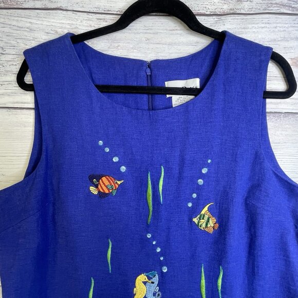 VTG 90s Ultra Dress 14 Linen Blend Fish Embroidered‎ Sleeveless Blue Nautical - Picture 3 of 16
